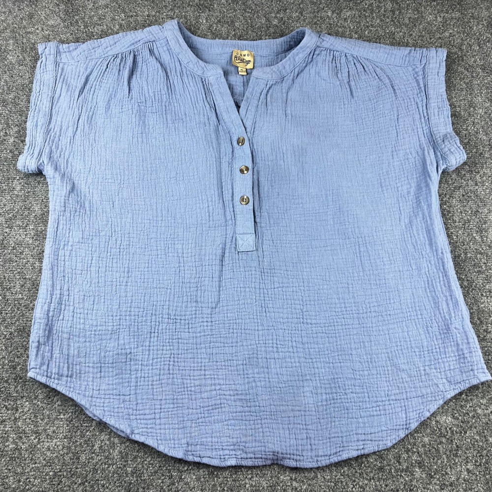 Como Vintage Blue Cotton Gauze Henley Top Short Sleeve Blouse XL